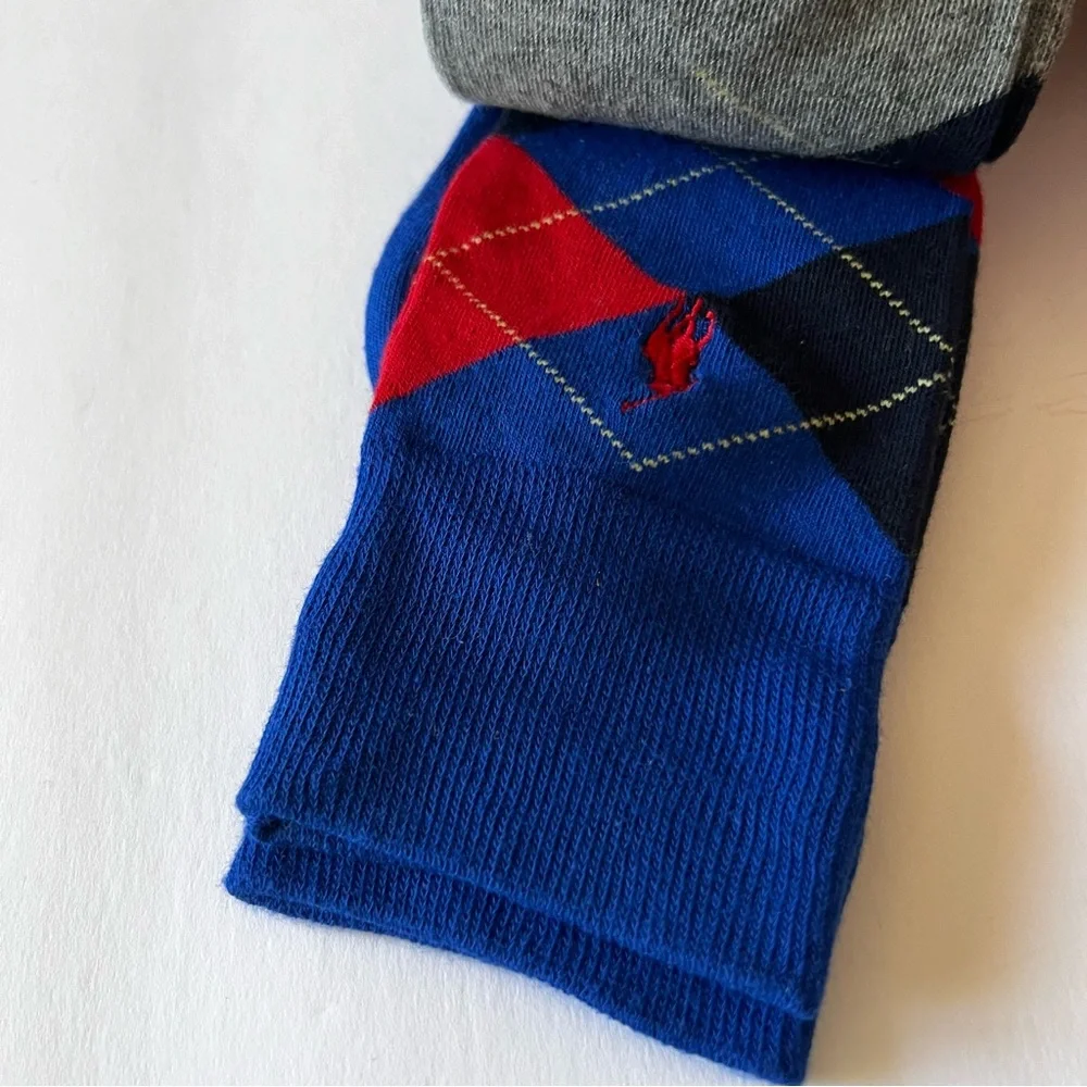 RALPH LAUREN POLO MENS 3 Pair COTTON BLEND SOCKS ARGYLE MIX BLUE RED GRAY OS NWT